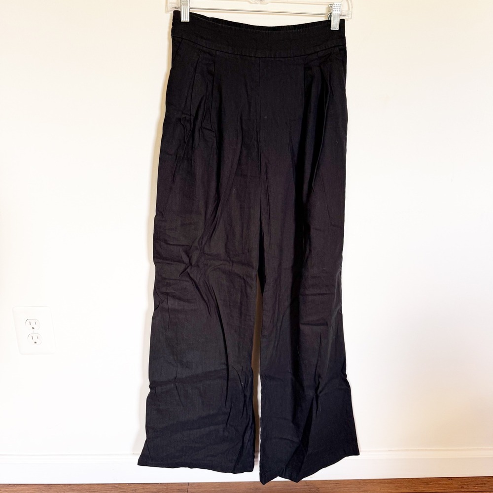 INC International Concepts Black Wide Leg Linen Blend Pleated Pants Womens 2‎